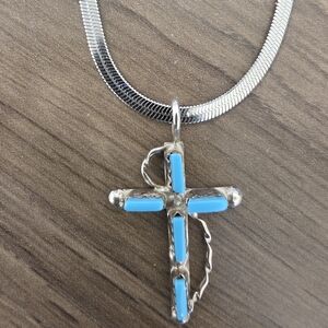Silver and Blue Turquoise Cross Pendant Necklace